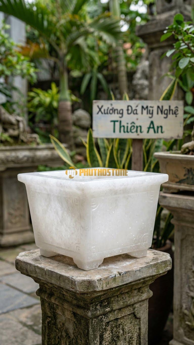 Chậu Cây Bonsai Đá Trắng Muối, Kích thước 15cm x 15cm x 12cm – Hoa Văn triện Góc Cổ Điển, Bề Mặt Mài Nhẵn Mịn.