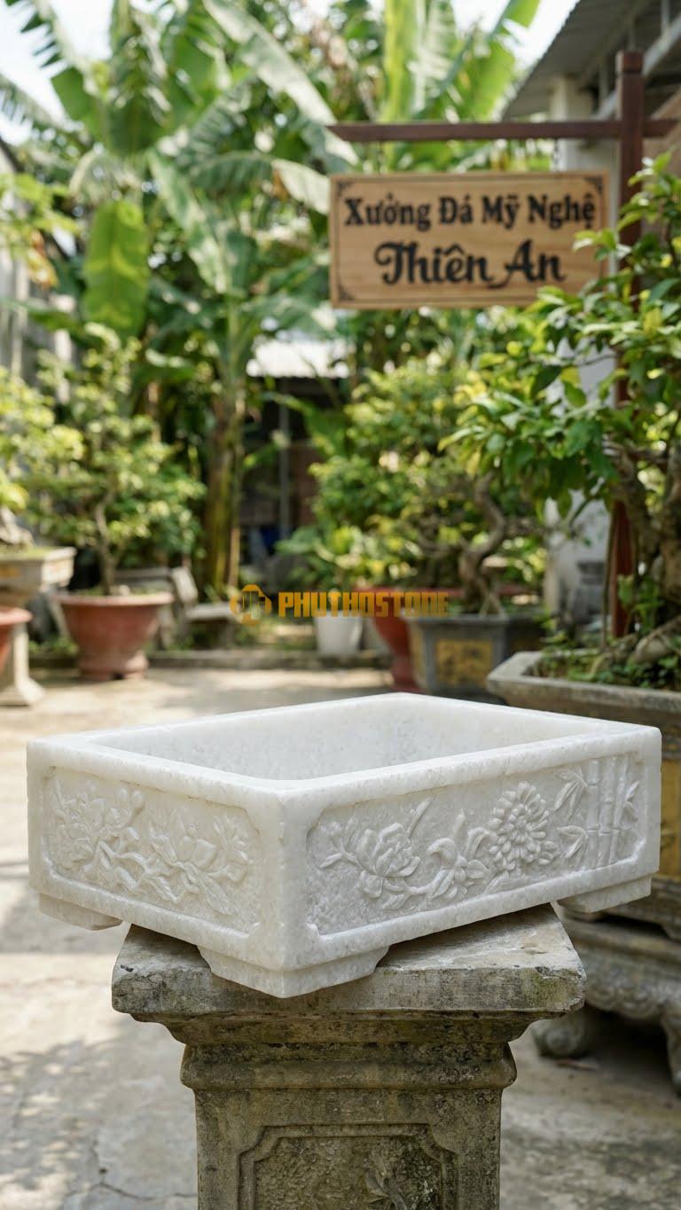 Chậu Cây Bonsai Đá Trắng Muối, Kích thước 40cm x 30cm x 12cm – Hoa Văn tứ Quý (Mai – Lan – Cúc – Trúc) Chạy Dọc 4 Mặt.