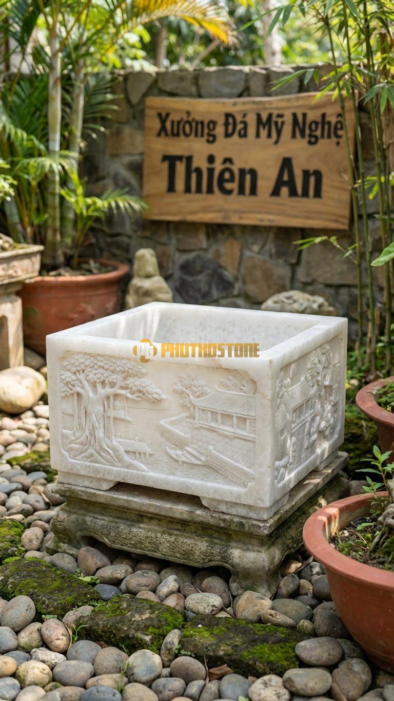 Chậu Cây Bonsai Đá Trắng Muối, Kích thước 50cm x 50cm x 40cm – Hoa Văn cảnh Làng Quê Việt Nam (Cây Đa, Bến Nước, Sân Đình).