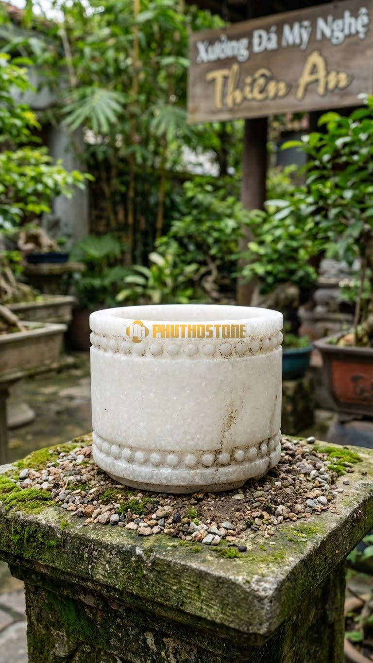 Chậu Cây Bonsai Đá Trắng Muối, Kích thước đường Kính 10cm, Cao 8cm – Hoa Văn các Chấm Tròn Nhỏ Đối Xứng (Kiểu Hạt Cườm).
