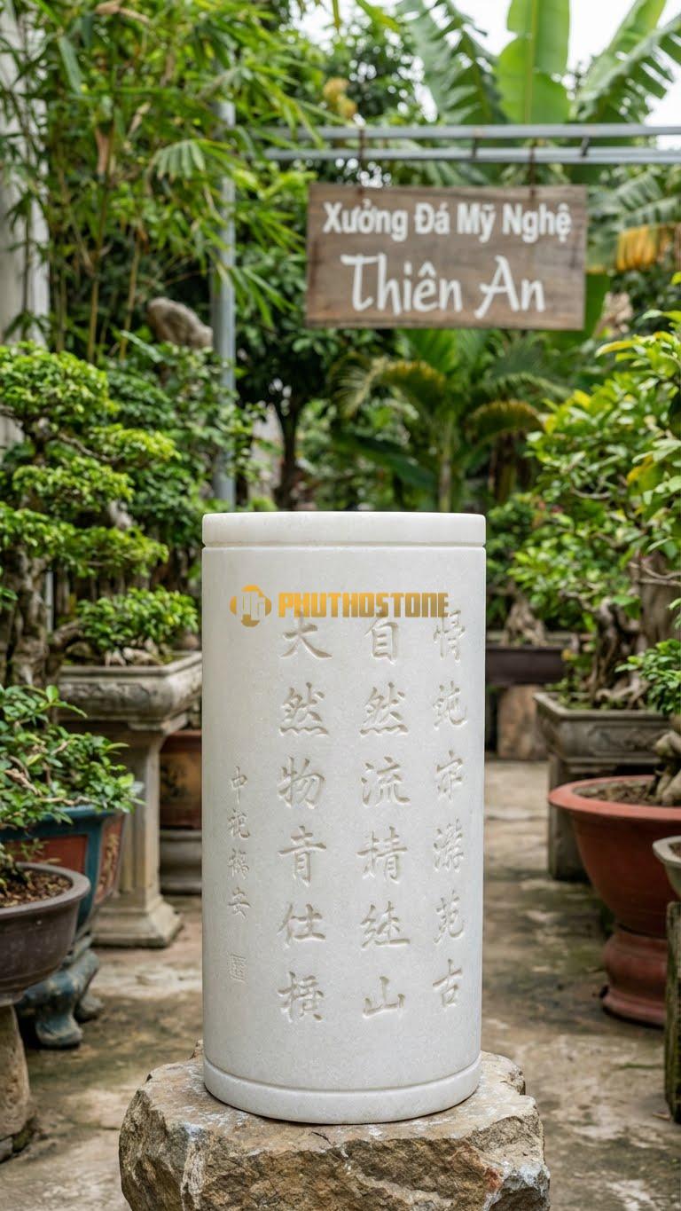 Chậu Cây Bonsai Đá Trắng Muối, Kích thước tròn D25cm, Cao 60cm – Hoa Văn những Bài Thơ Chữ Hán Về Thiên Nhiên.