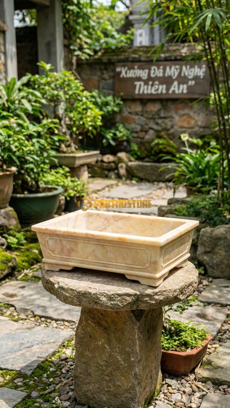 Chậu Cây Bonsai Đá Vàng Nghệ An, Kích thước 30cm x 20cm x 10cm – Hoa Văn chỉ Nổi Đơn Giản Bao Quanh Miệng Và Chân Đế.