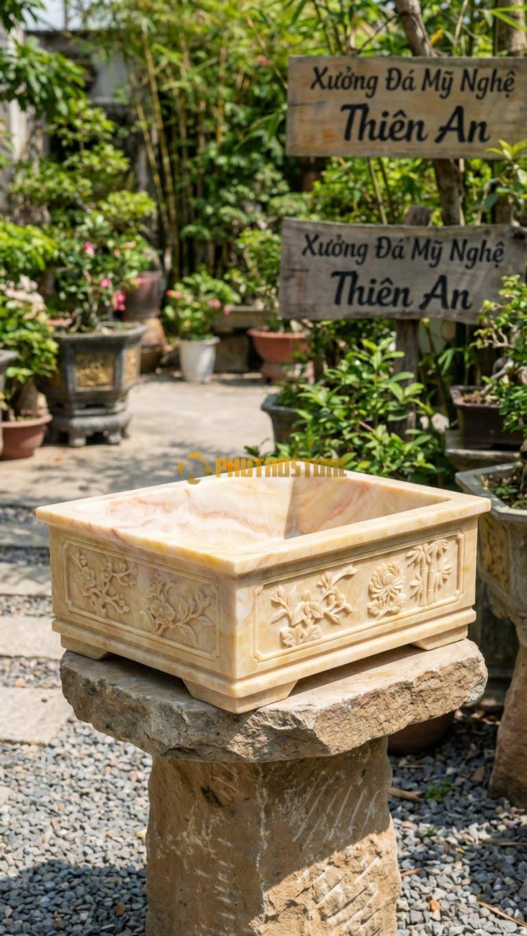 Chậu Cây Bonsai Đá Vàng Nghệ An, Kích thước 40cm x 30cm x 12cm – Hoa Văn tứ Quý (Mai – Lan – Cúc – Trúc) Chạy Dọc 4 Mặt.