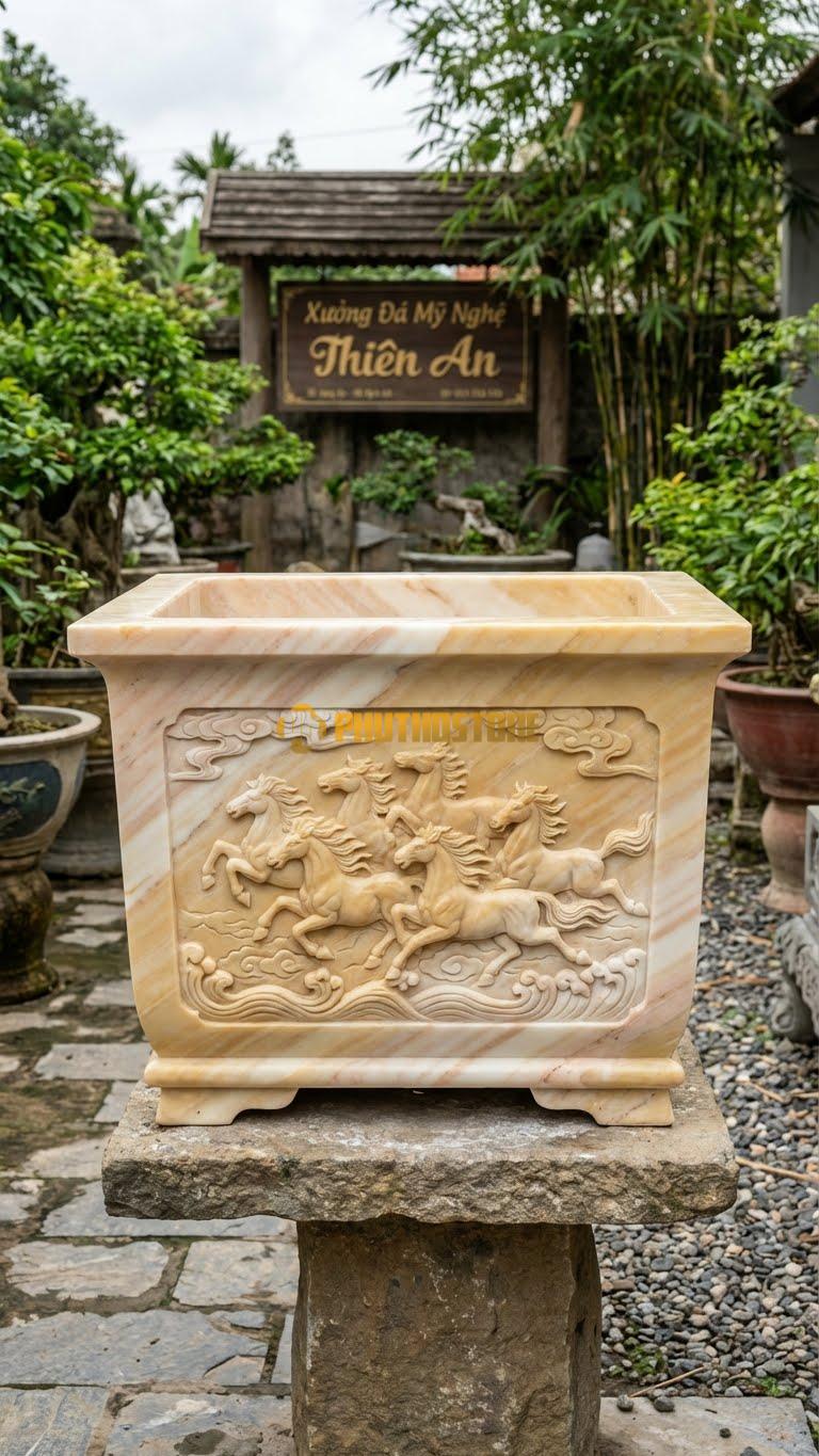 Chậu Cây Bonsai Đá Vàng Nghệ An, Kích thước 60cm x 60cm x 55cm – Hoa Văn mã Đáo Thành Công (Đàn Ngựa Đang Phi Nước Đại).