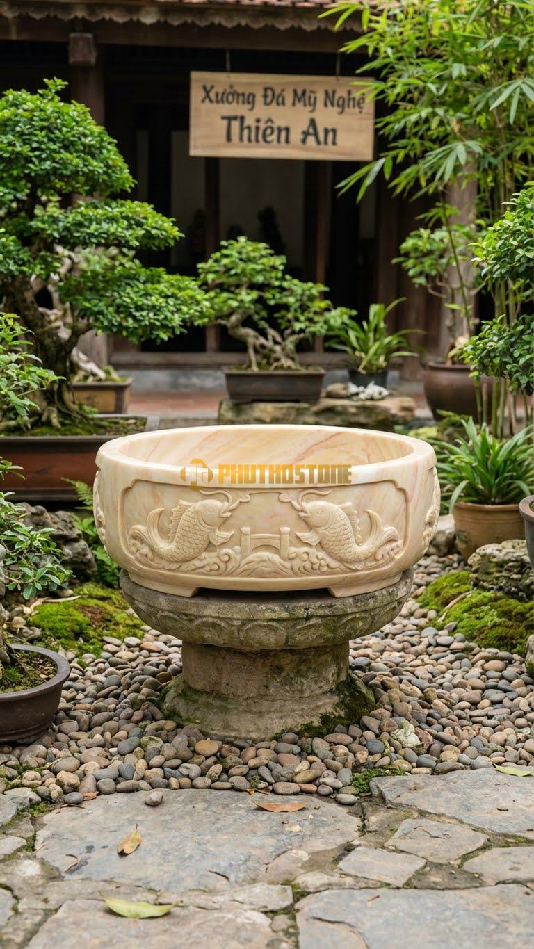 Chậu Cây Bonsai Đá Vàng Nghệ An, Kích thước đường Kính 50cm, Cao 20cm – Hoa Văn cá Chép Vượt Vũ Môn (Điêu Khắc 3D Sống Động).