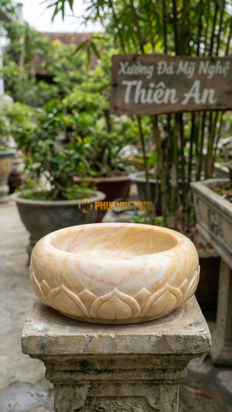 Chậu Cây Bonsai Đá Vàng Nghệ An, Kích thước tròn D12cm, Cao 5cm – Hoa Văn cánh Sen Cách Điệu Bao Quanh Đáy.