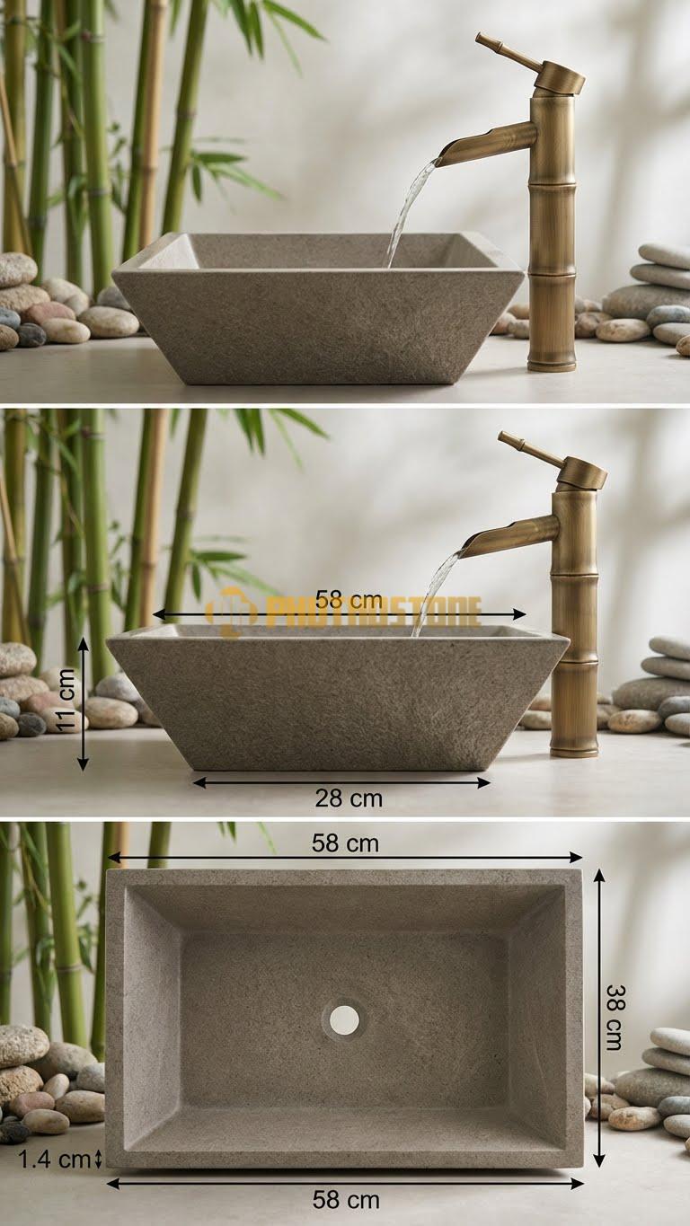 Chậu Rửa (Lavabo) Đá Cẩm Thạch Xám Hình Thang 58X38X11cm