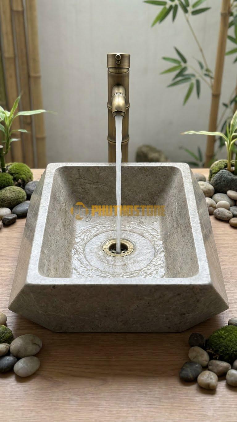 Chậu Rửa (Lavabo) Đá Cẩm Thạch Xám Hình Thang Bo Viền 58X38X11cm
