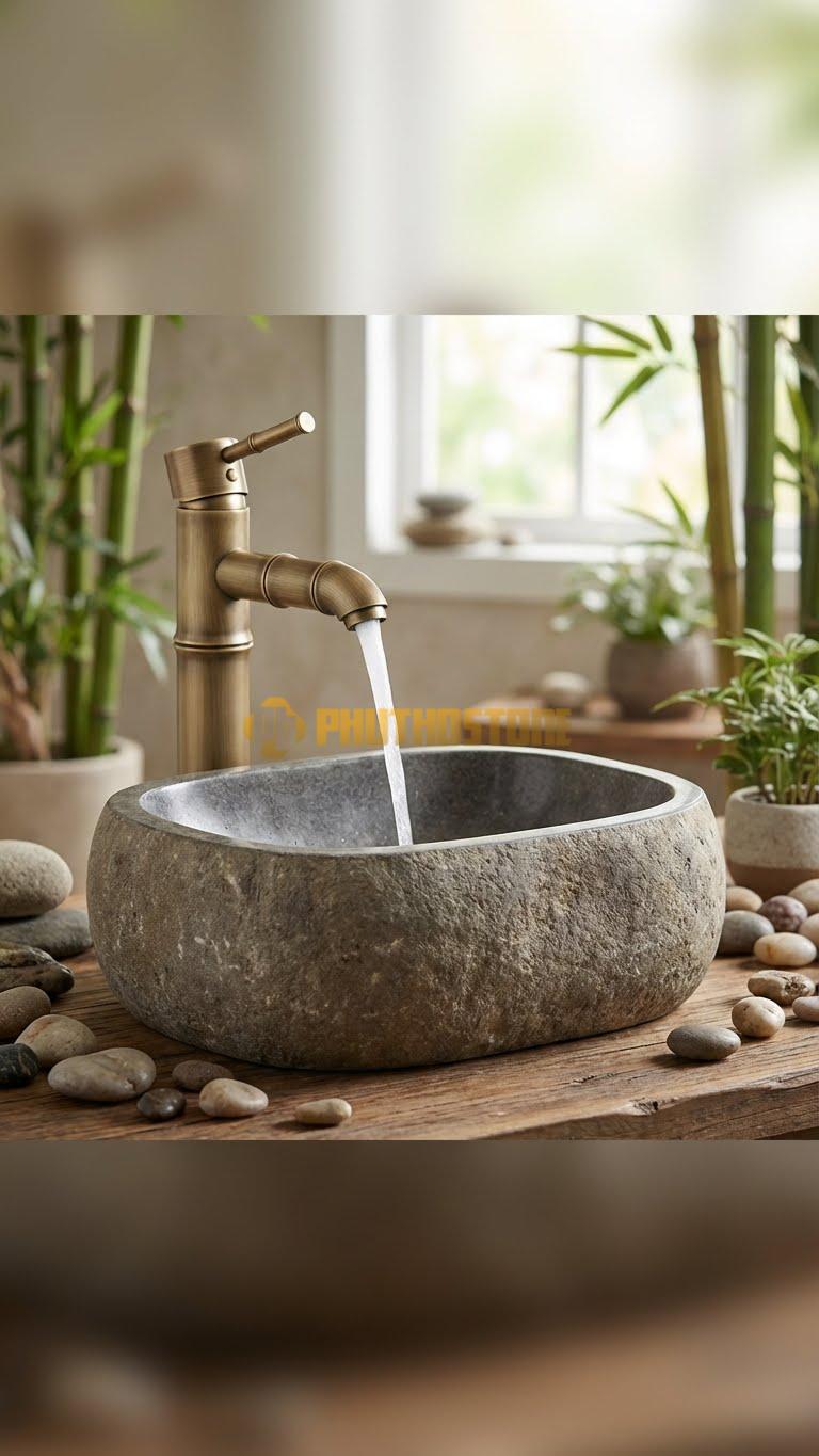 Chậu Rửa (Lavabo) Đá Cẩm Thạch Xám Lavabo Chữ Nhật Cong Bụng 13cm