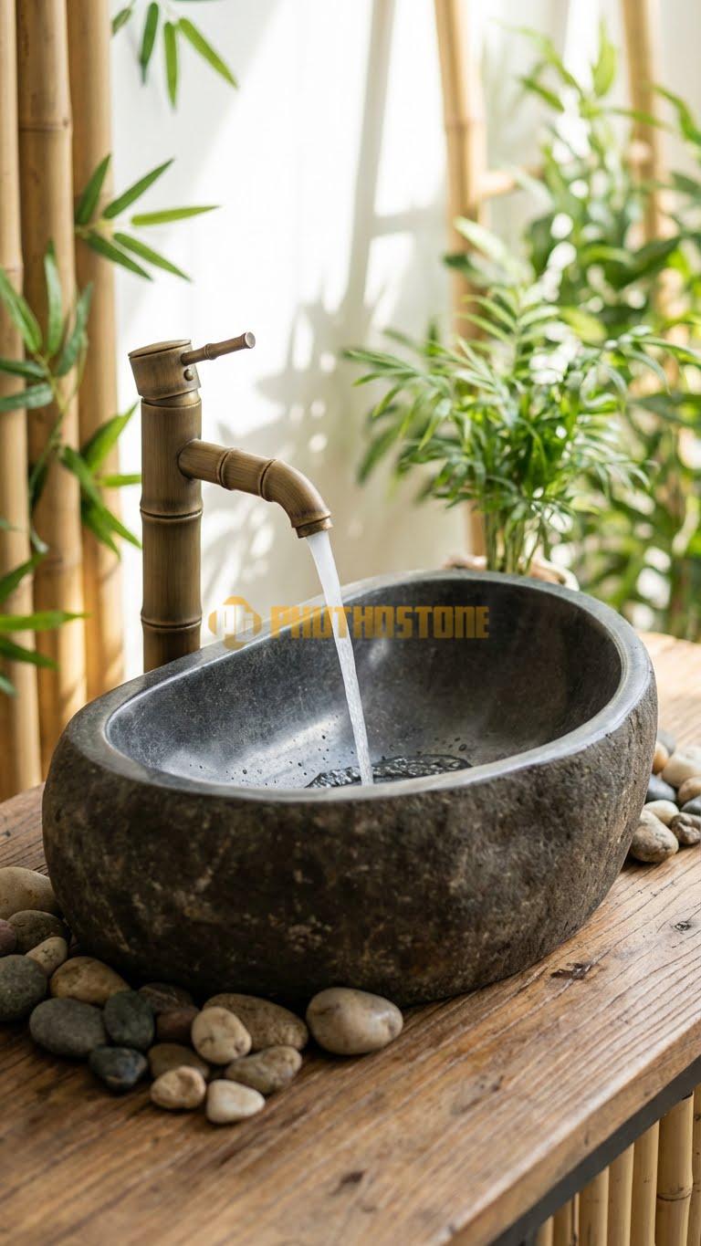 Chậu Rửa (Lavabo) Đá Cẩm Thạch Xám Lavabo Hình Chữ D Cao 13cm