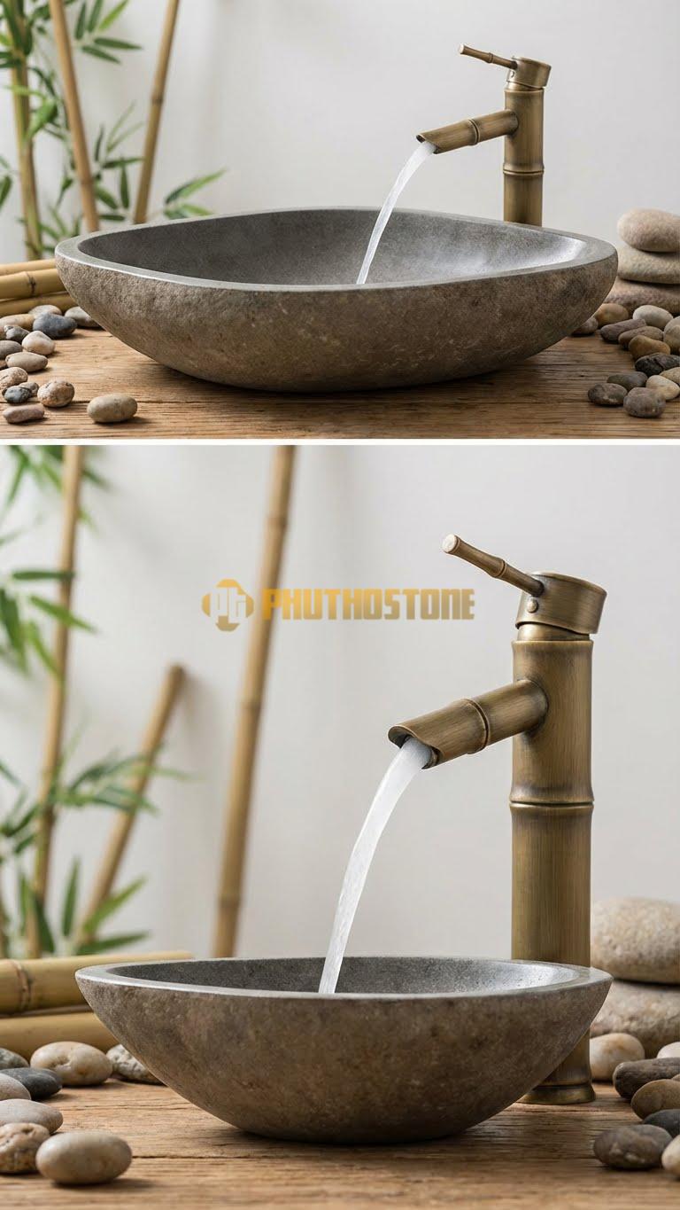Chậu Rửa (Lavabo) Đá Cẩm Thạch Xám Lavabo Hình Lá Tre Cách Điệu 12cm