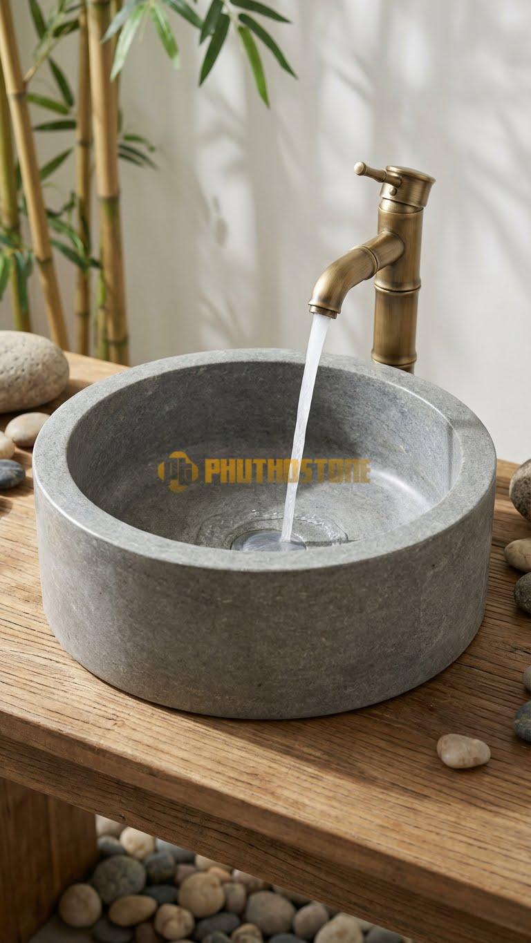 Chậu Rửa (Lavabo) Đá Cẩm Thạch Xám Tròn 42 x Cao 14cm