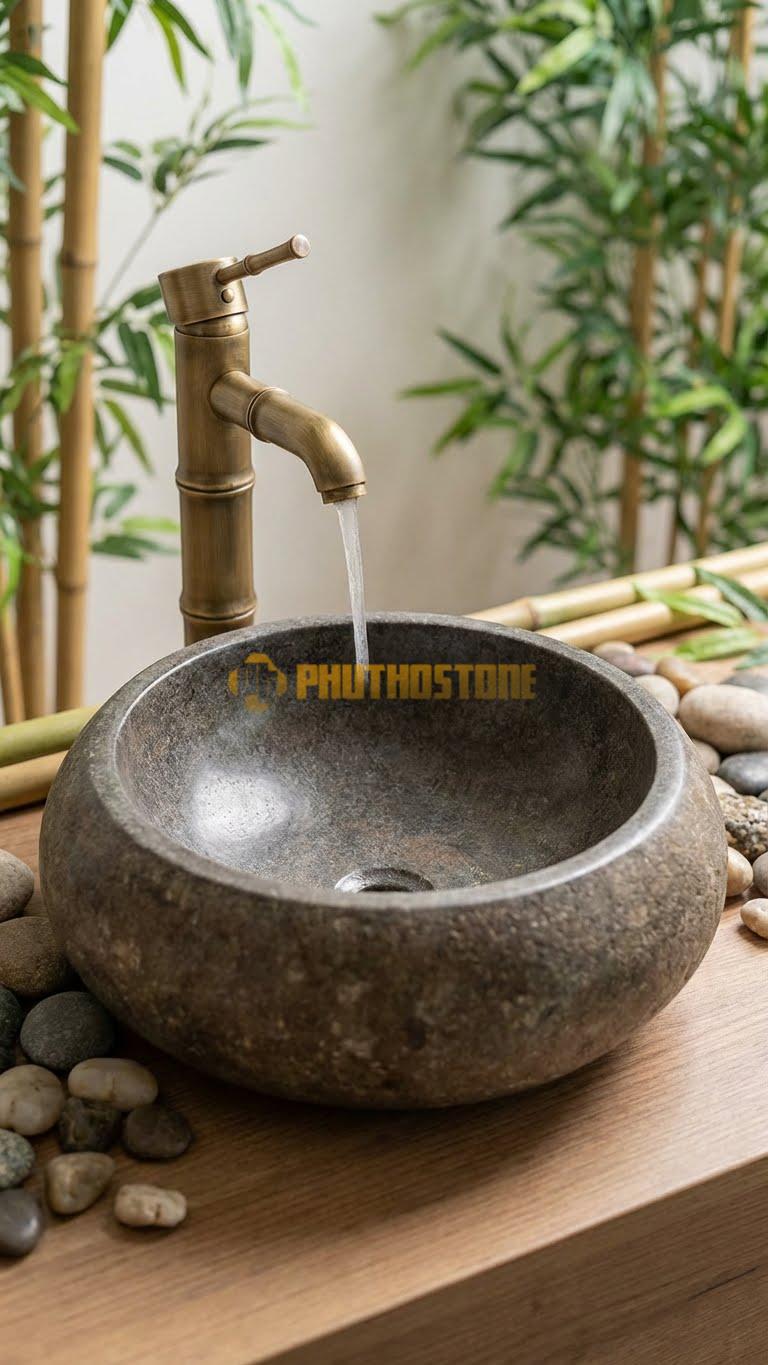 Chậu Rửa (Lavabo) Đá Cẩm Thạch Xám Tròn Có Phào 41 Cao 14