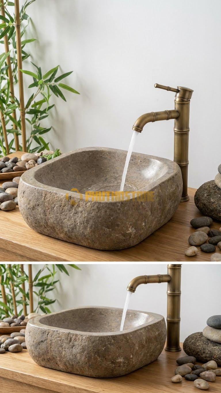 Chậu Rửa (Lavabo) Đá Cẩm Thạch Xám Vuông 41 Cao 14cm