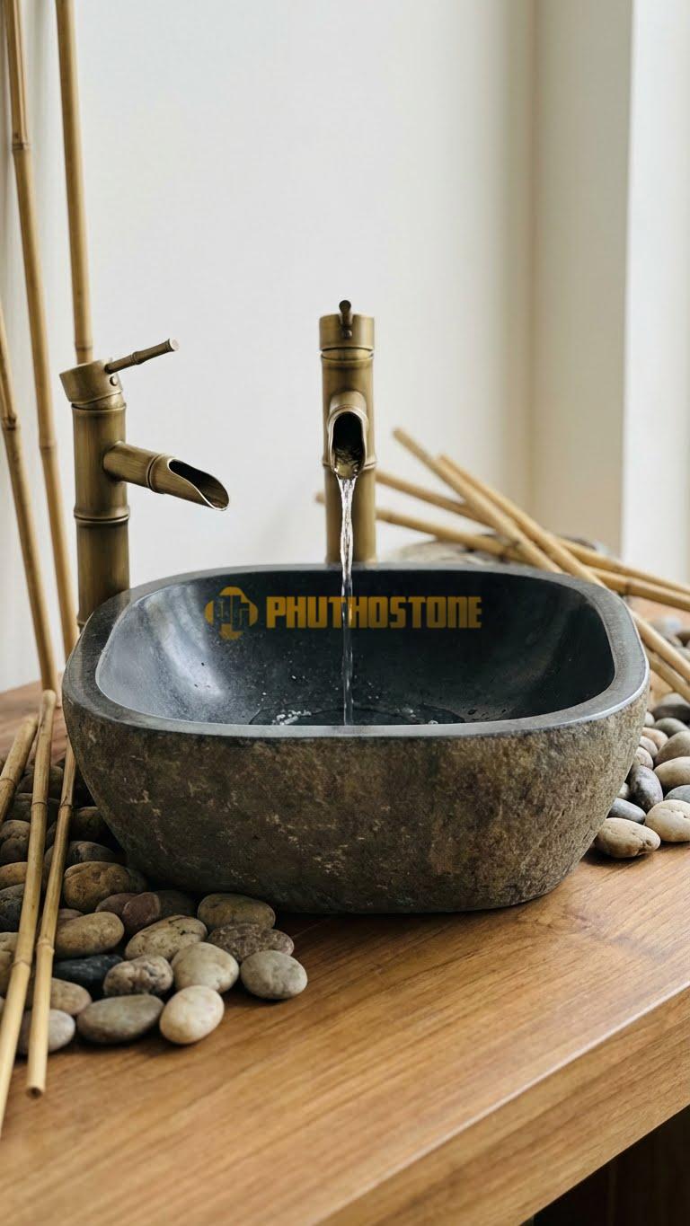 Chậu Rửa (Lavabo) Đá Cẩm Thạch Xám Vuông Vát 44 cm x 44 cm x 14 cm