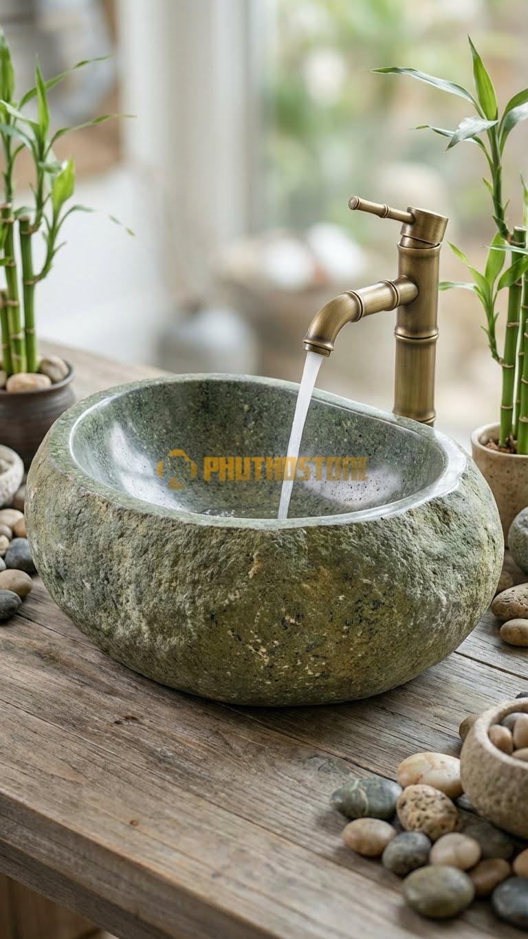 Chậu Rửa (Lavabo) Đá Đá Cuội Xanh Hình Dáng Tự Nhiên