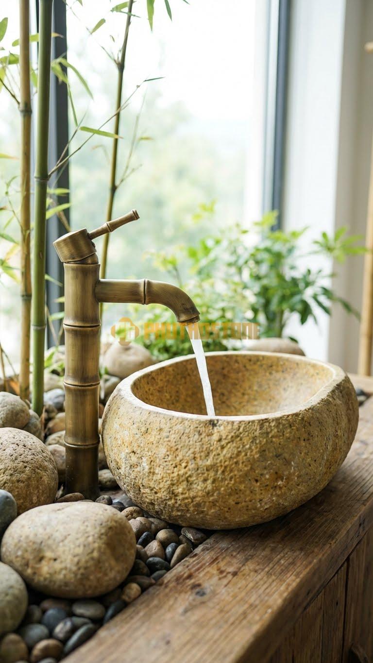 Chậu Rửa (Lavabo) Đá Đá Cuội Xanh Hình Dáng Tự Nhiên