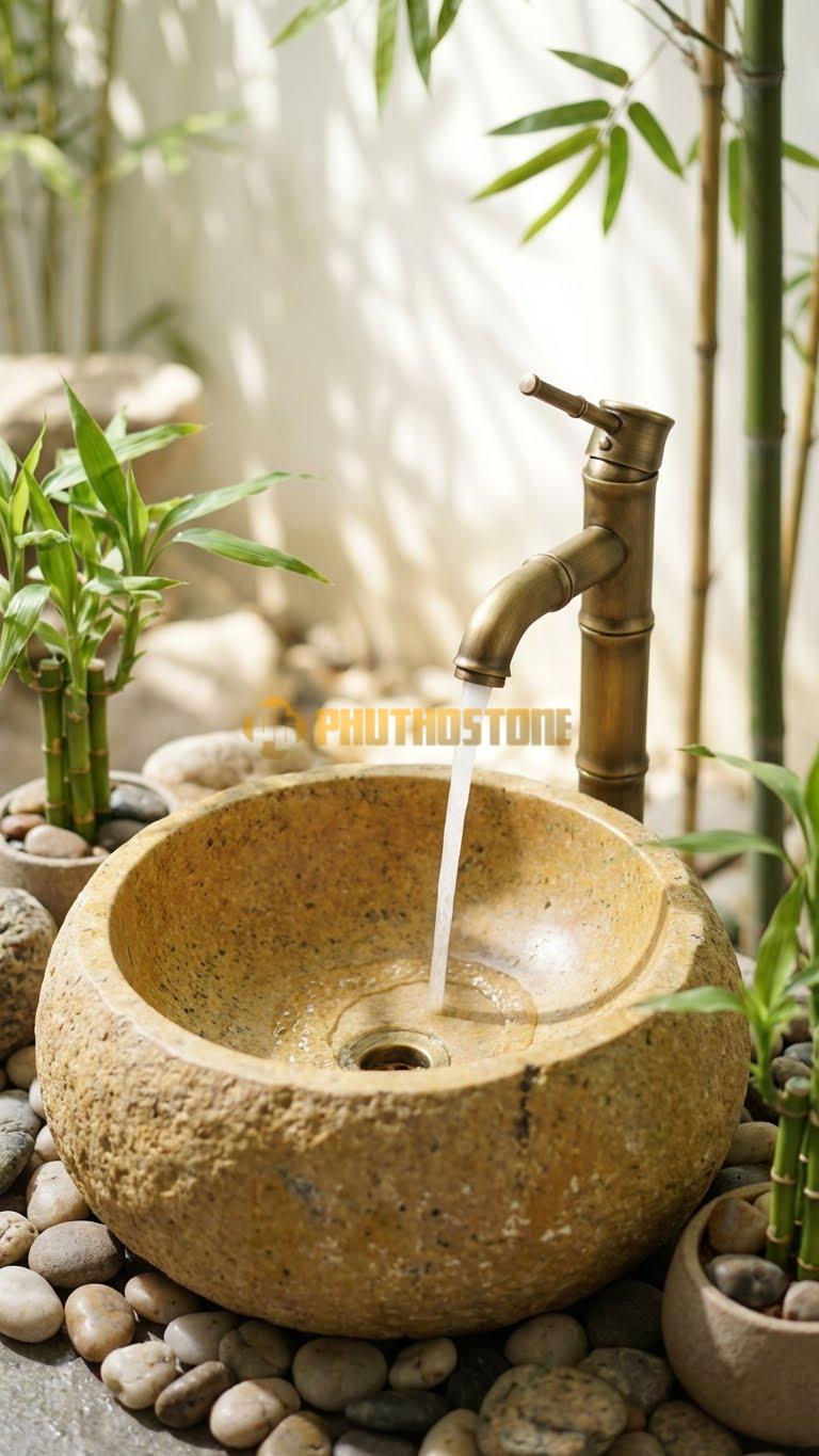 Chậu Rửa (Lavabo) Đá Đá Cuội Xanh Hình Dáng Tự Nhiên