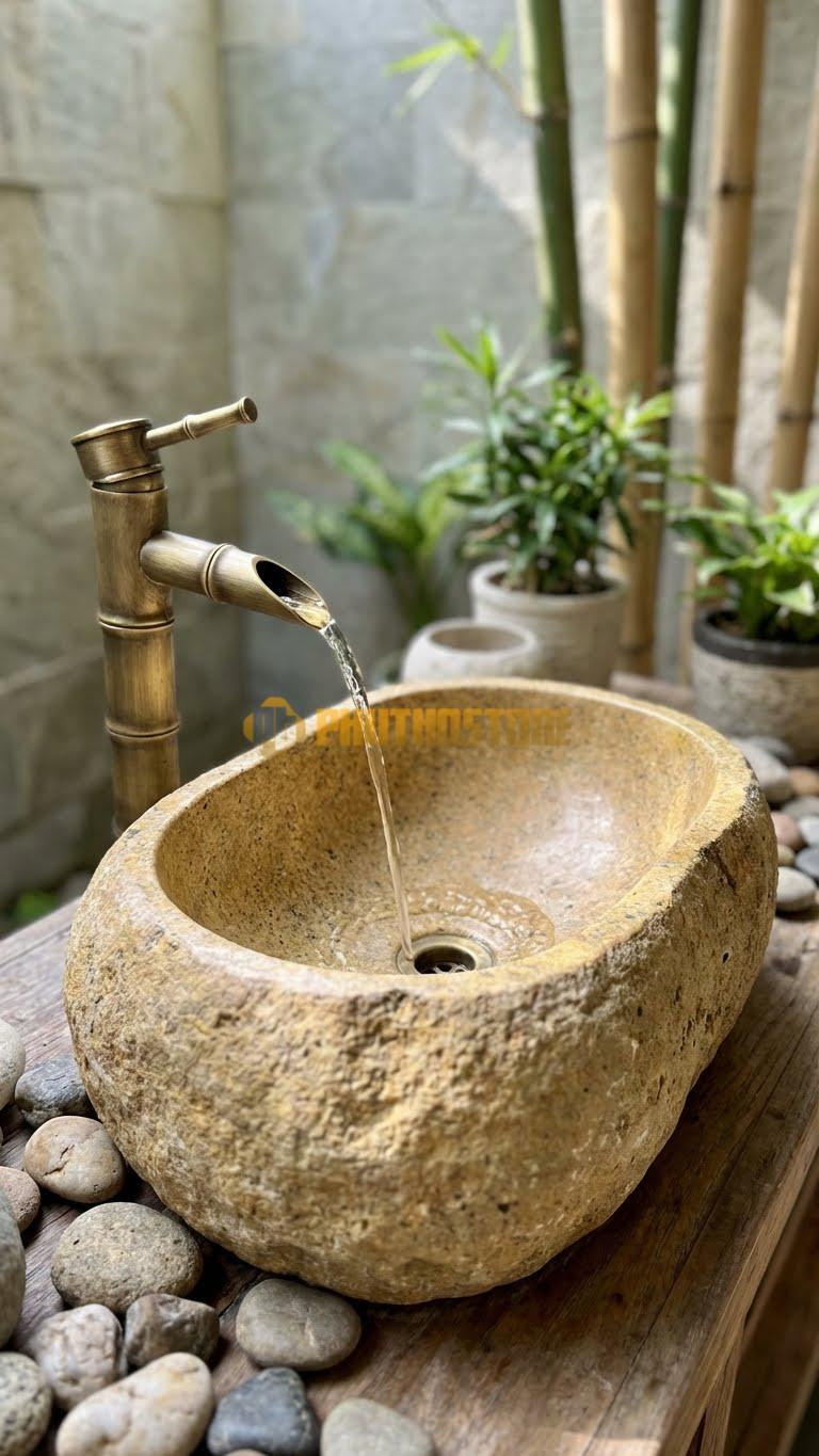 Chậu Rửa (Lavabo) Đá Đá Cuội Xanh Hình Dáng Tự Nhiên