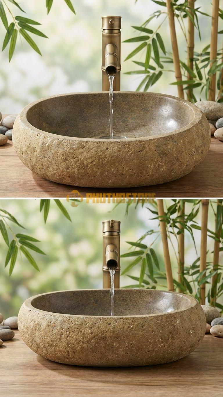 Chậu Rửa (Lavabo) Đá Đá Cuội Xanh Hình Dáng Tự Nhiên