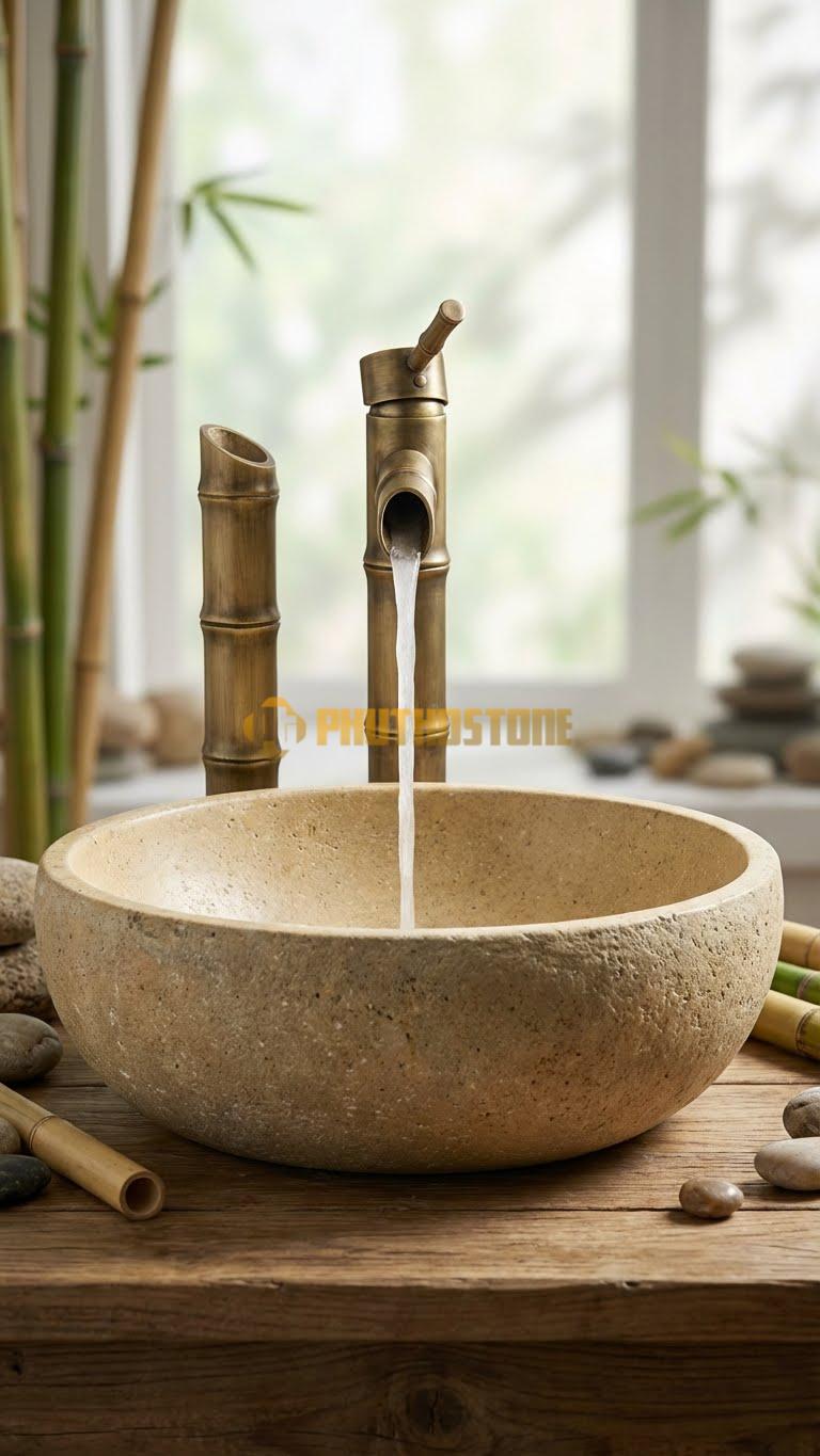 Chậu Rửa (Lavabo) Đá Đá Cuội Xanh Hình Dáng Tự Nhiên