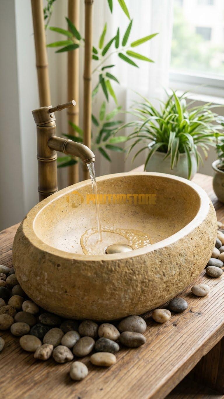 Chậu Rửa (Lavabo) Đá Đá Cuội Xanh Hình Dáng Tự Nhiên