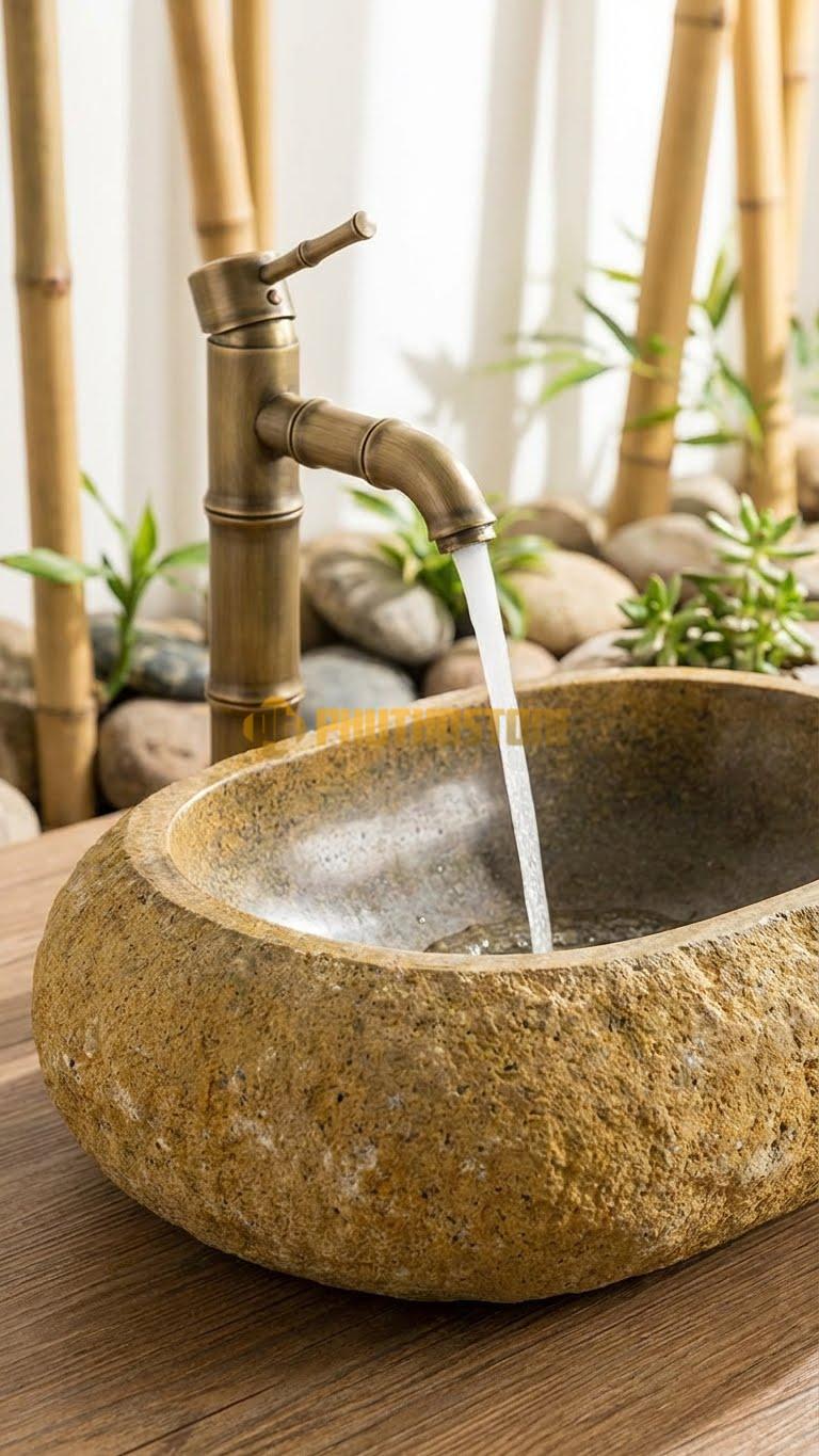 Chậu Rửa (Lavabo) Đá Đá Cuội Xanh Hình Dáng Tự Nhiên