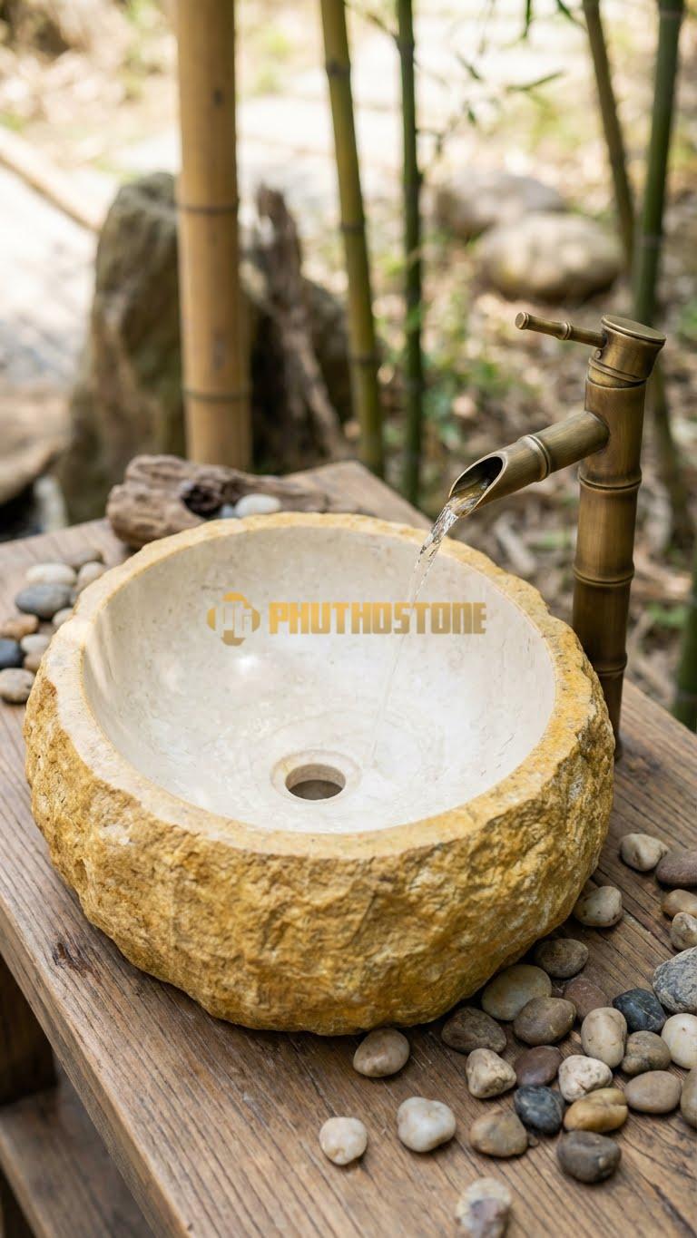 Chậu Rửa (Lavabo) Đá Đá Cuội Xanh Hình Dáng Tự Nhiên