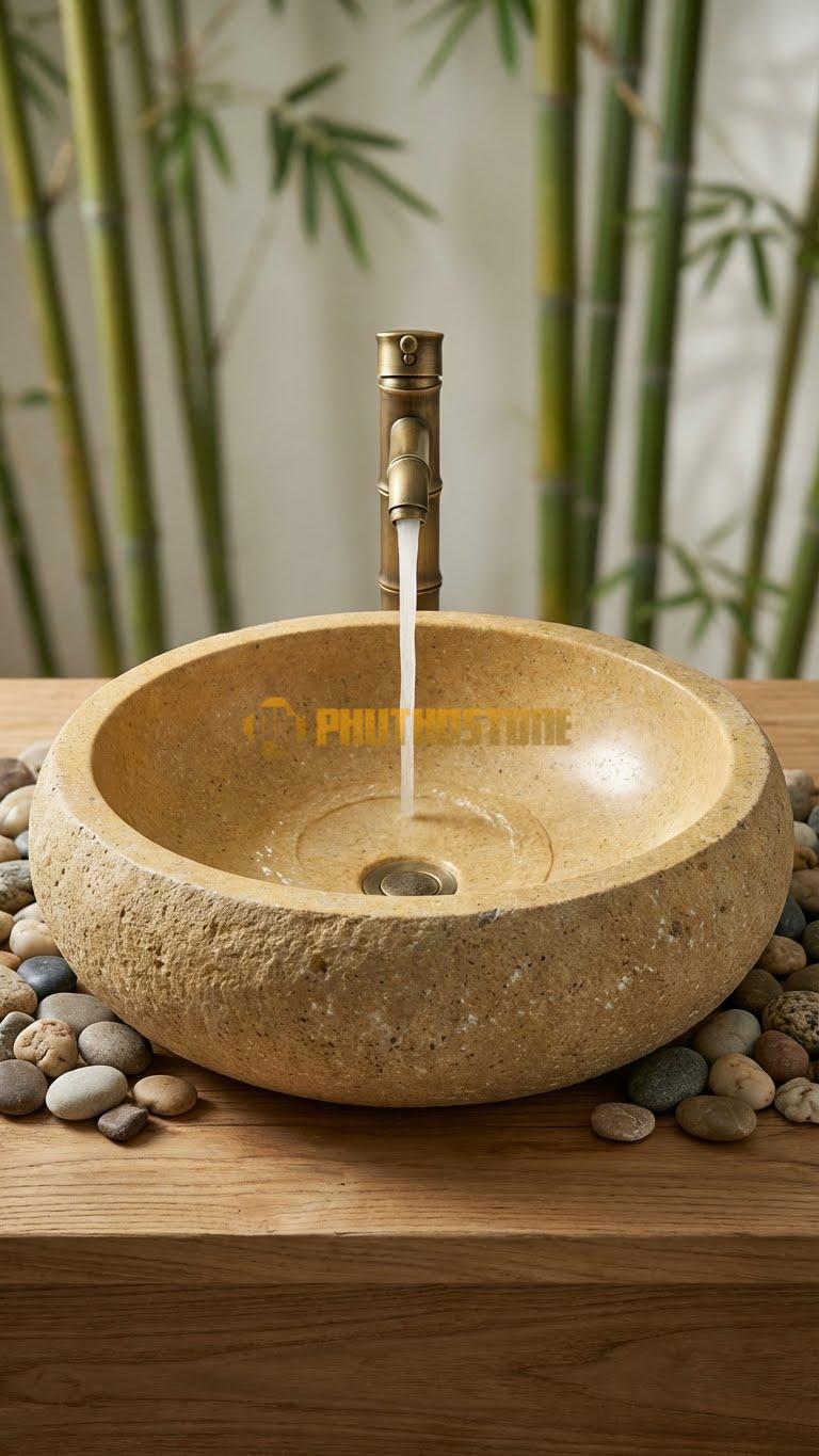 Chậu Rửa (Lavabo) Đá Đá Cuội Xanh Hình Dáng Tự Nhiên