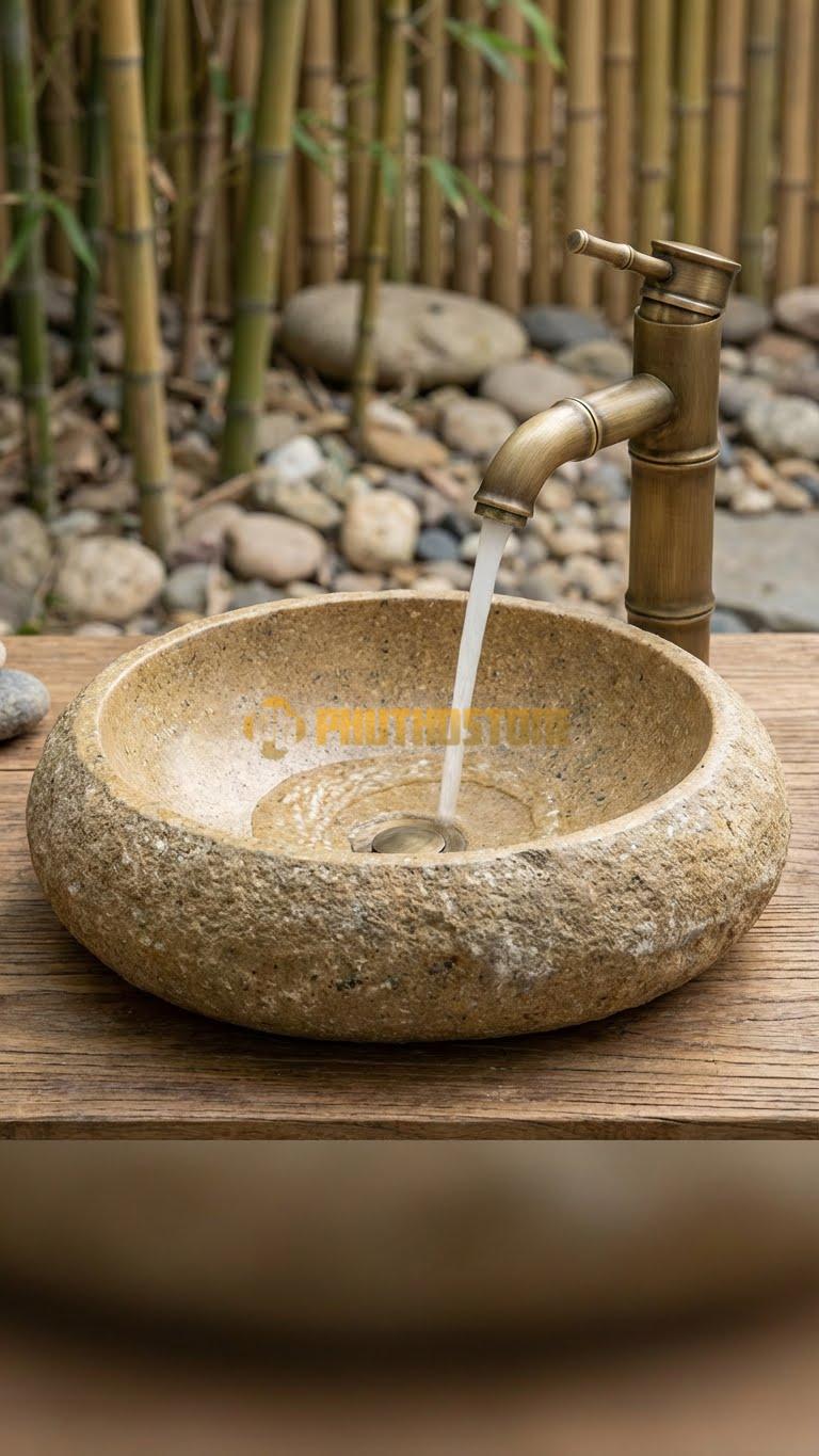 Chậu Rửa (Lavabo) Đá Đá Cuội Xanh Hình Dáng Tự Nhiên