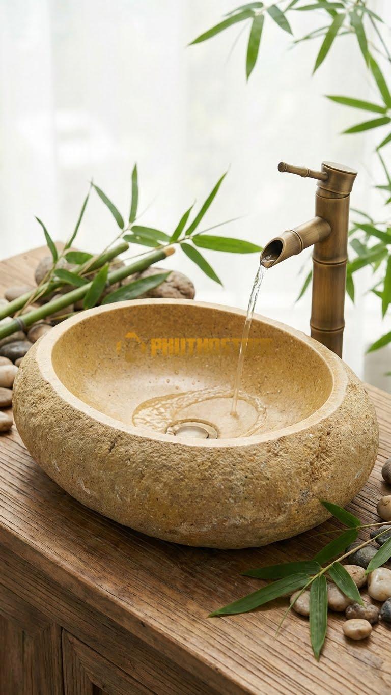 Chậu Rửa (Lavabo) Đá Đá Cuội Xanh Hình Dáng Tự Nhiên