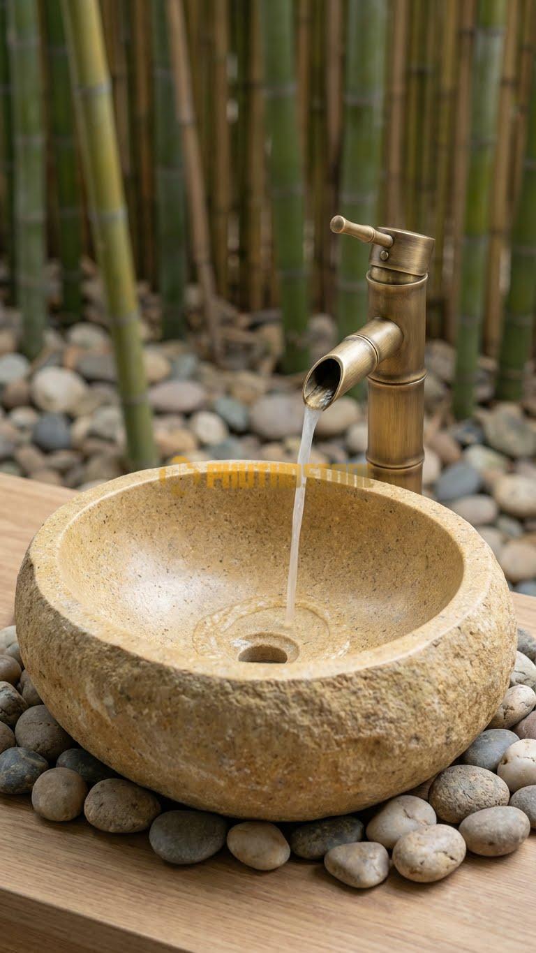 Chậu Rửa (Lavabo) Đá Đá Cuội Xanh Hình Dáng Tự Nhiên