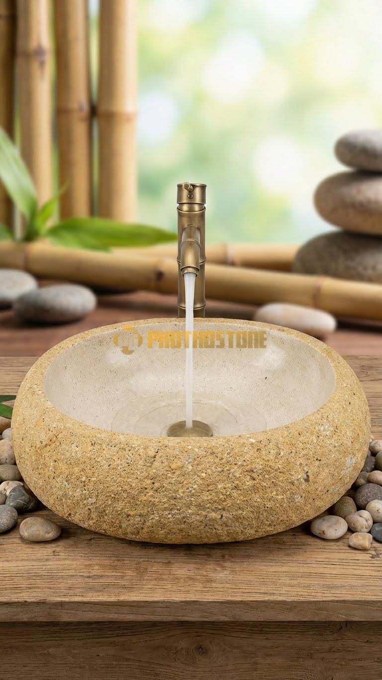 Chậu Rửa (Lavabo) Đá Đá Cuội Xanh Hình Dáng Tự Nhiên