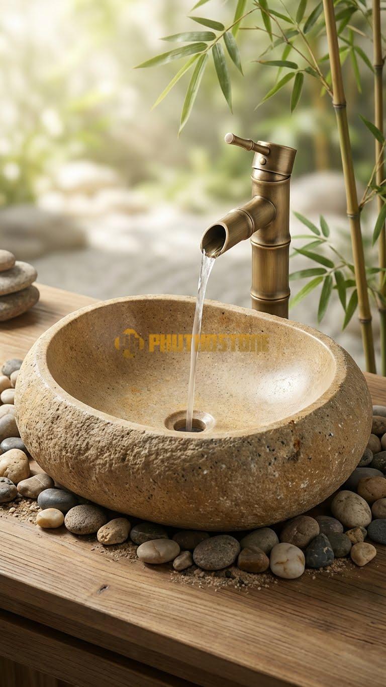 Chậu Rửa (Lavabo) Đá Đá Cuội Xanh Hình Dáng Tự Nhiên