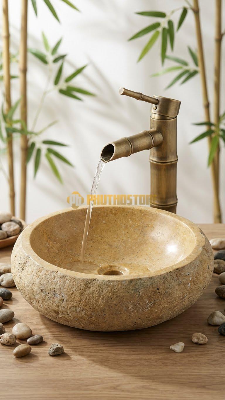 Chậu Rửa (Lavabo) Đá Đá Cuội Xanh Hình Dáng Tự Nhiên