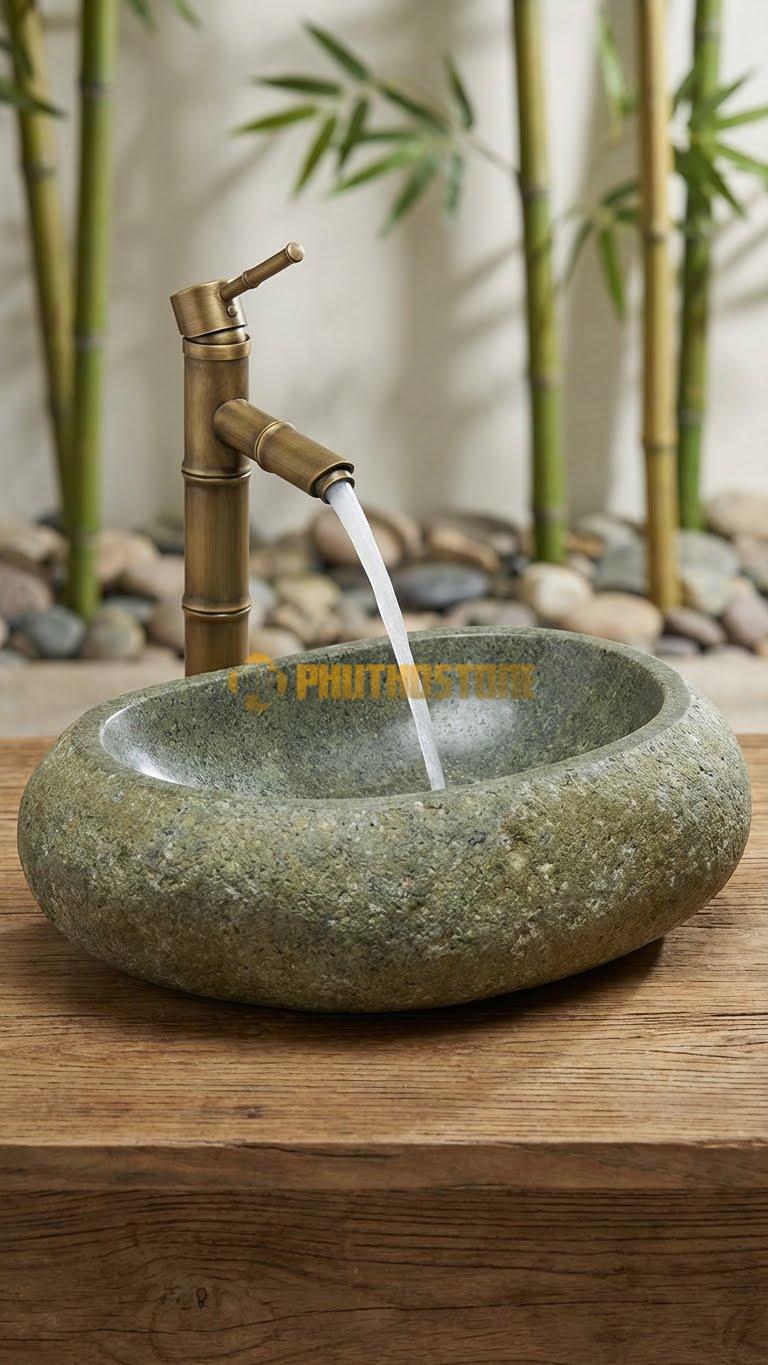 Chậu Rửa (Lavabo) Đá Đá Cuội Xanh Hình Dáng Tự Nhiên