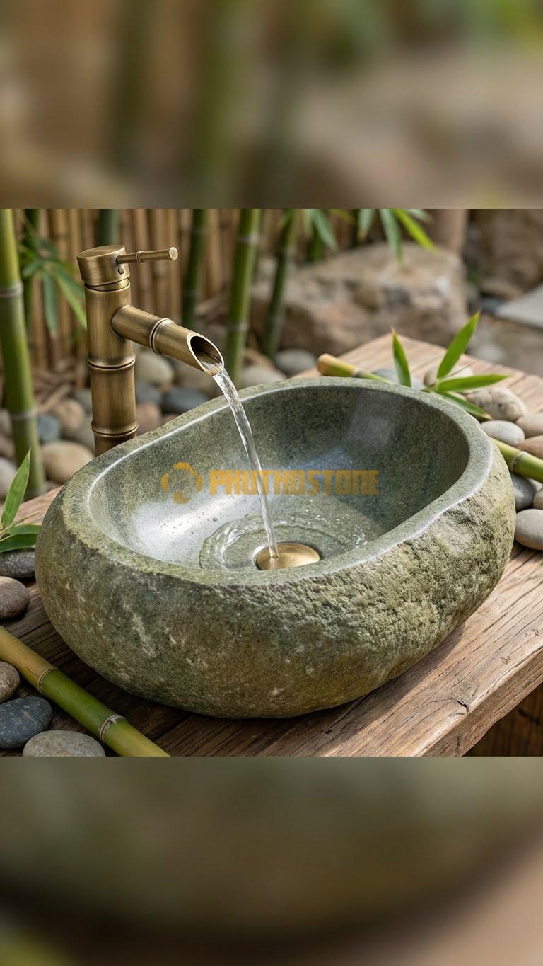 Chậu Rửa (Lavabo) Đá Đá Cuội Xanh Hình Dáng Tự Nhiên