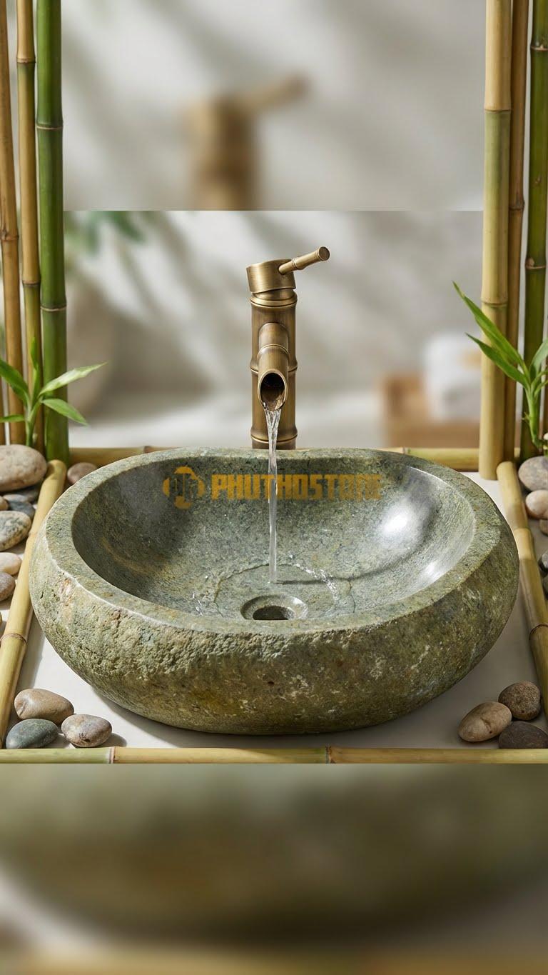 Chậu Rửa (Lavabo) Đá Đá Cuội Xanh Hình Dáng Tự Nhiên
