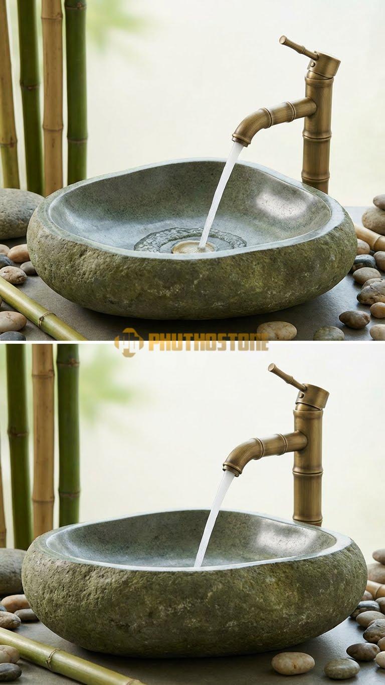 Chậu Rửa (Lavabo) Đá Đá Cuội Xanh Hình Dáng Tự Nhiên