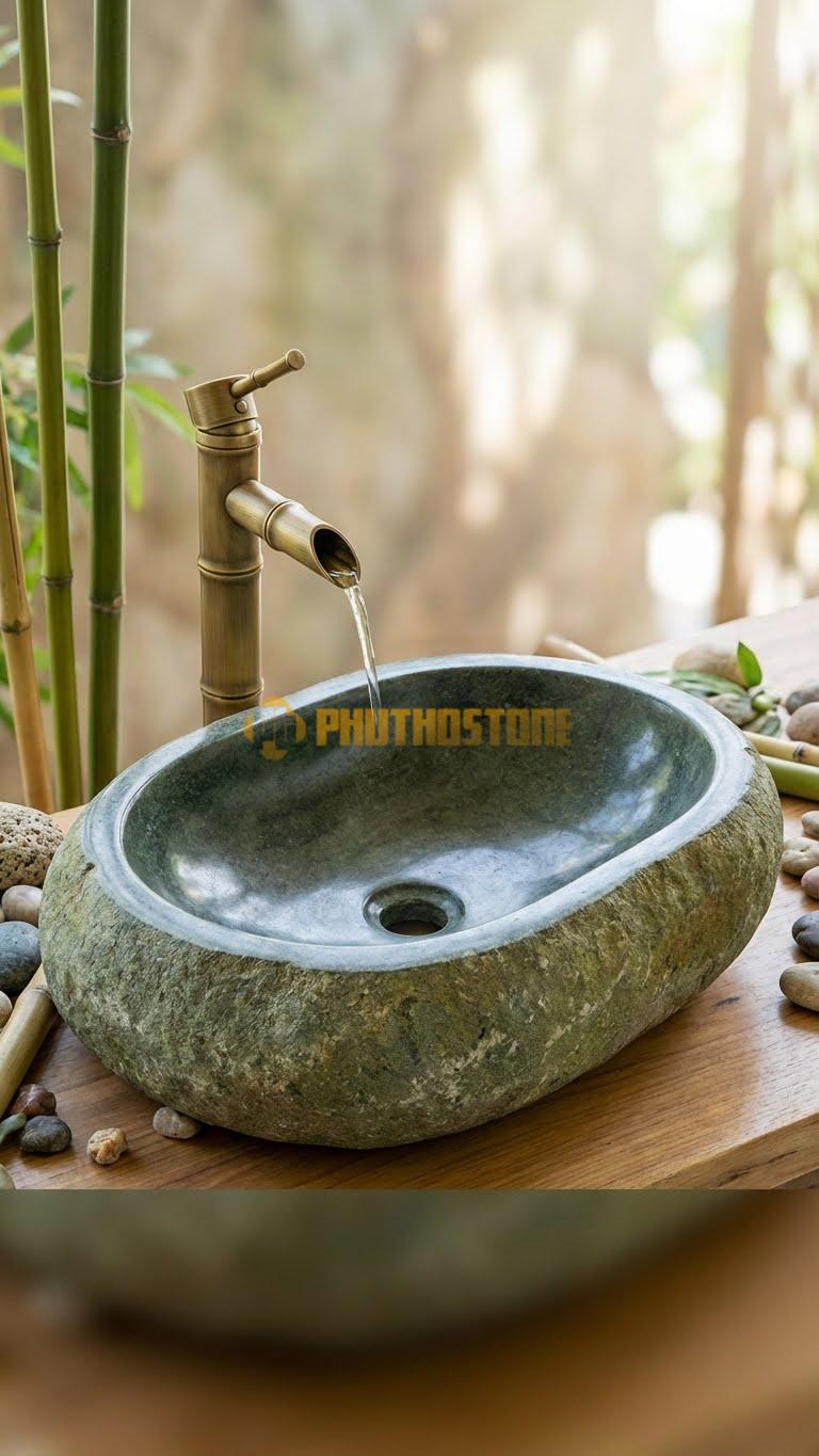 Chậu Rửa (Lavabo) Đá Đá Cuội Xanh Hình Dáng Tự Nhiên