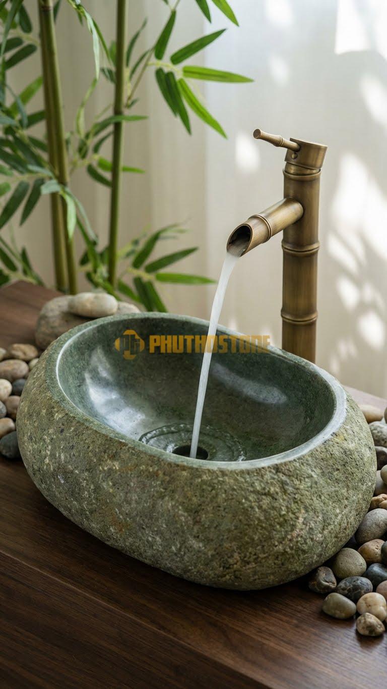 Chậu Rửa (Lavabo) Đá Đá Cuội Xanh Hình Dáng Tự Nhiên