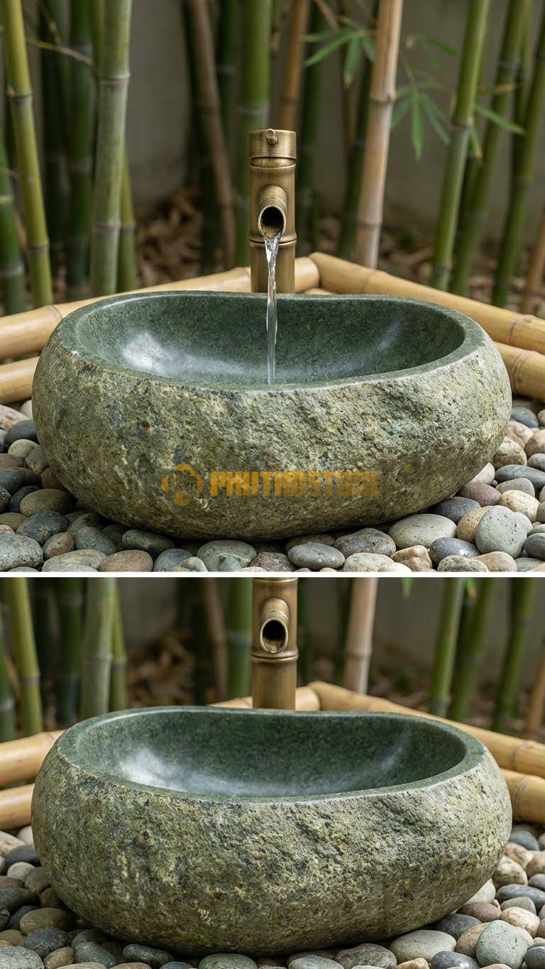 Chậu Rửa (Lavabo) Đá Đá Cuội Xanh Hình Dáng Tự Nhiên