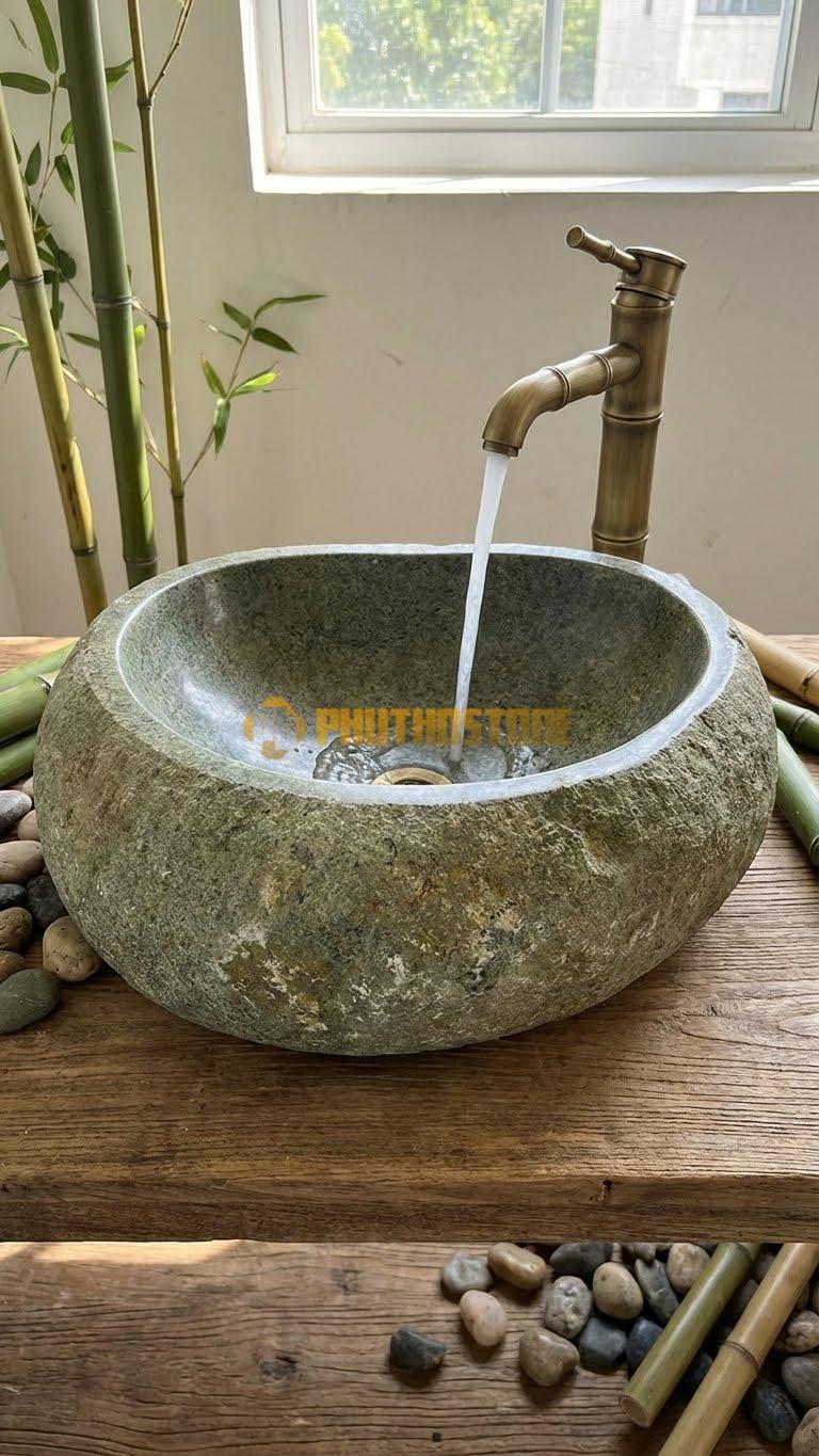 Chậu Rửa (Lavabo) Đá Đá Cuội Xanh Hình Dáng Tự Nhiên