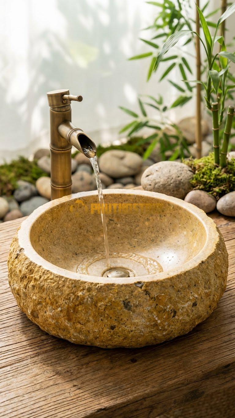 Chậu Rửa (Lavabo) Đá Đá Cuội Xanh Kiểu Dáng Tự Nhiên
