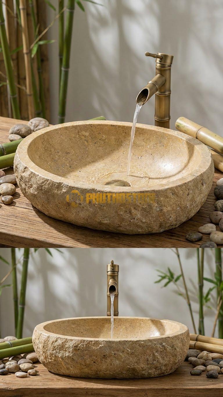 Chậu Rửa (Lavabo) Đá Đá Cuội Xanh Kiểu Dáng Tự Nhiên