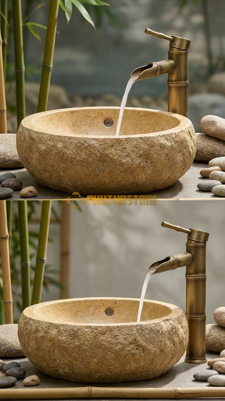 Chậu Rửa (Lavabo) Đá Đá Cuội Xanh Kiểu Dáng Tự Nhiên