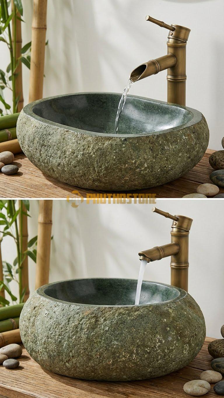 Chậu Rửa (Lavabo) Đá Đá Cuội Xanh Kiểu Dáng Tự Nhiên