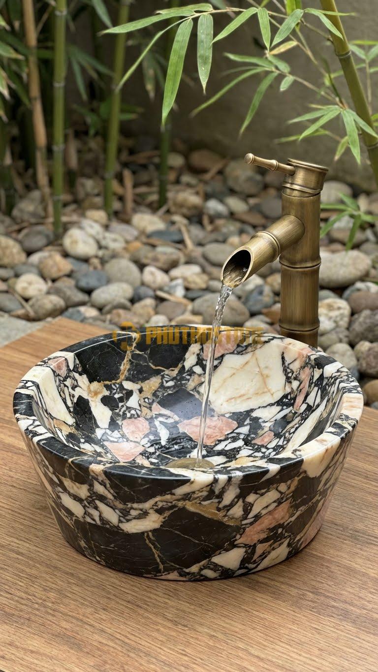 Chậu Rửa (Lavabo) Đá Đá Da Báo Lavabo Oval Vát Đáy Phẳng Nhỏ 15cm