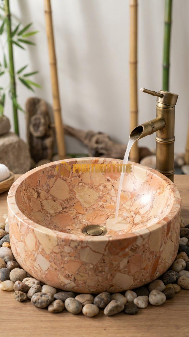 Chậu Rửa (Lavabo) Đá Đá Hồng Bầu Dục 52 cm x 41 cm x 16 cm