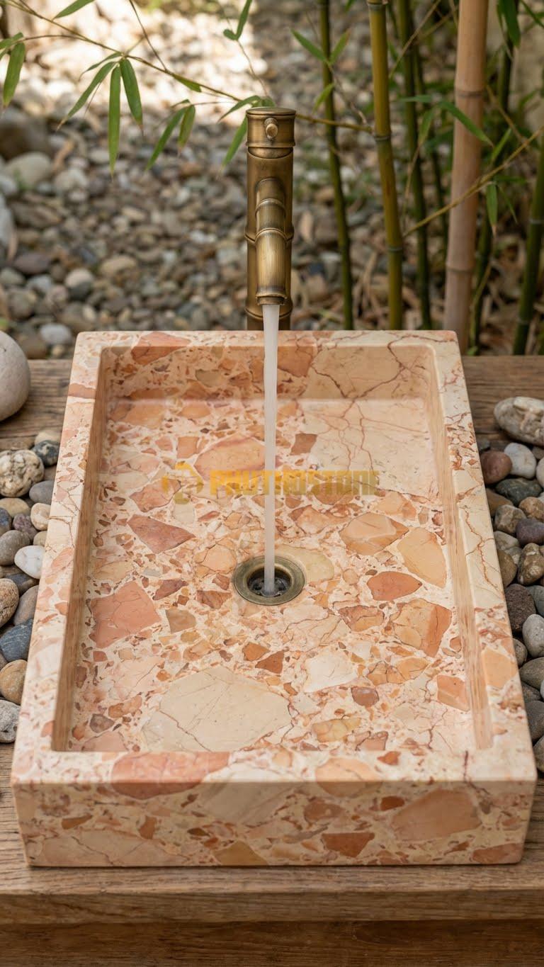 Chậu Rửa (Lavabo) Đá Đá Hồng Chữ Nhật 61 cm x 36 cm x 13cm
